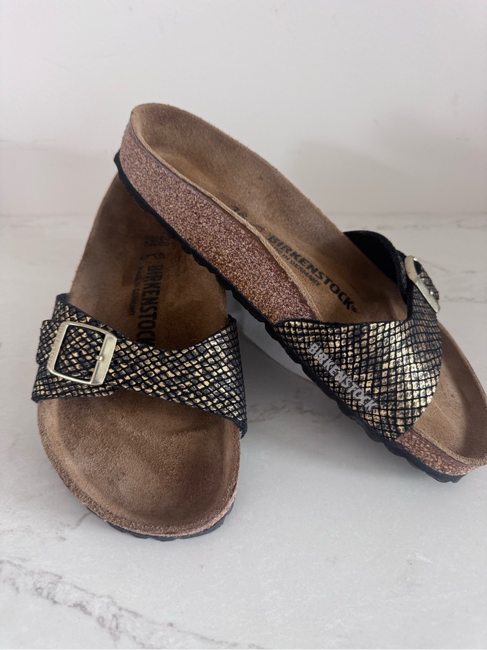 Birkenstock Women's Metallic Black & Gold Madrid Single-Buckle Slide size 38